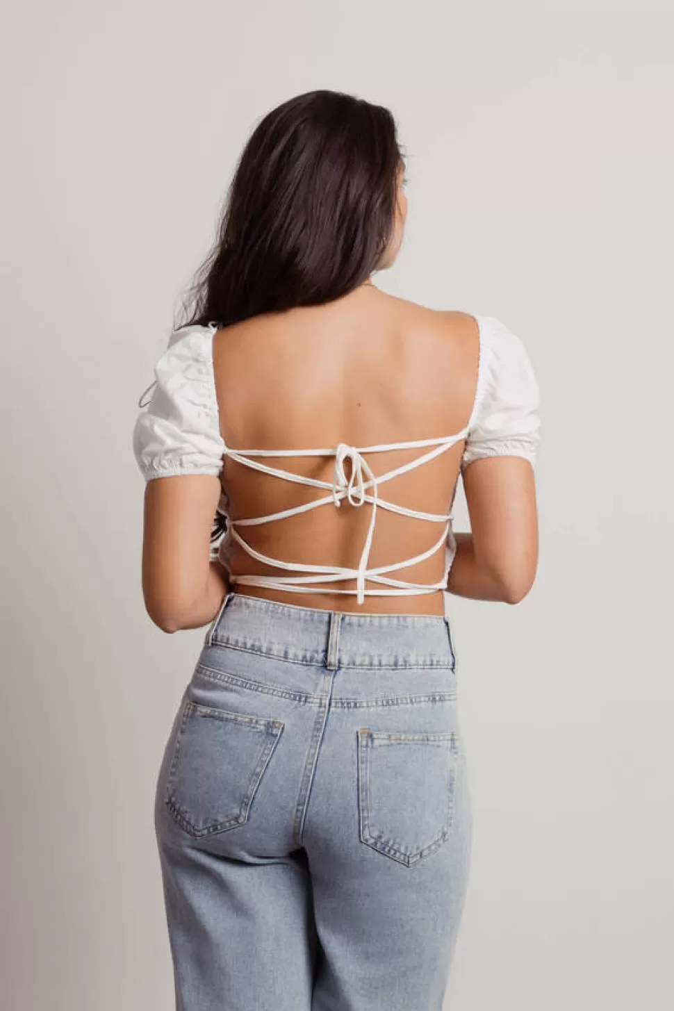 Puff Sleeve Tops*Tobi Celise Puff Sleeve Open Back Lace-Up Crop Top Off White