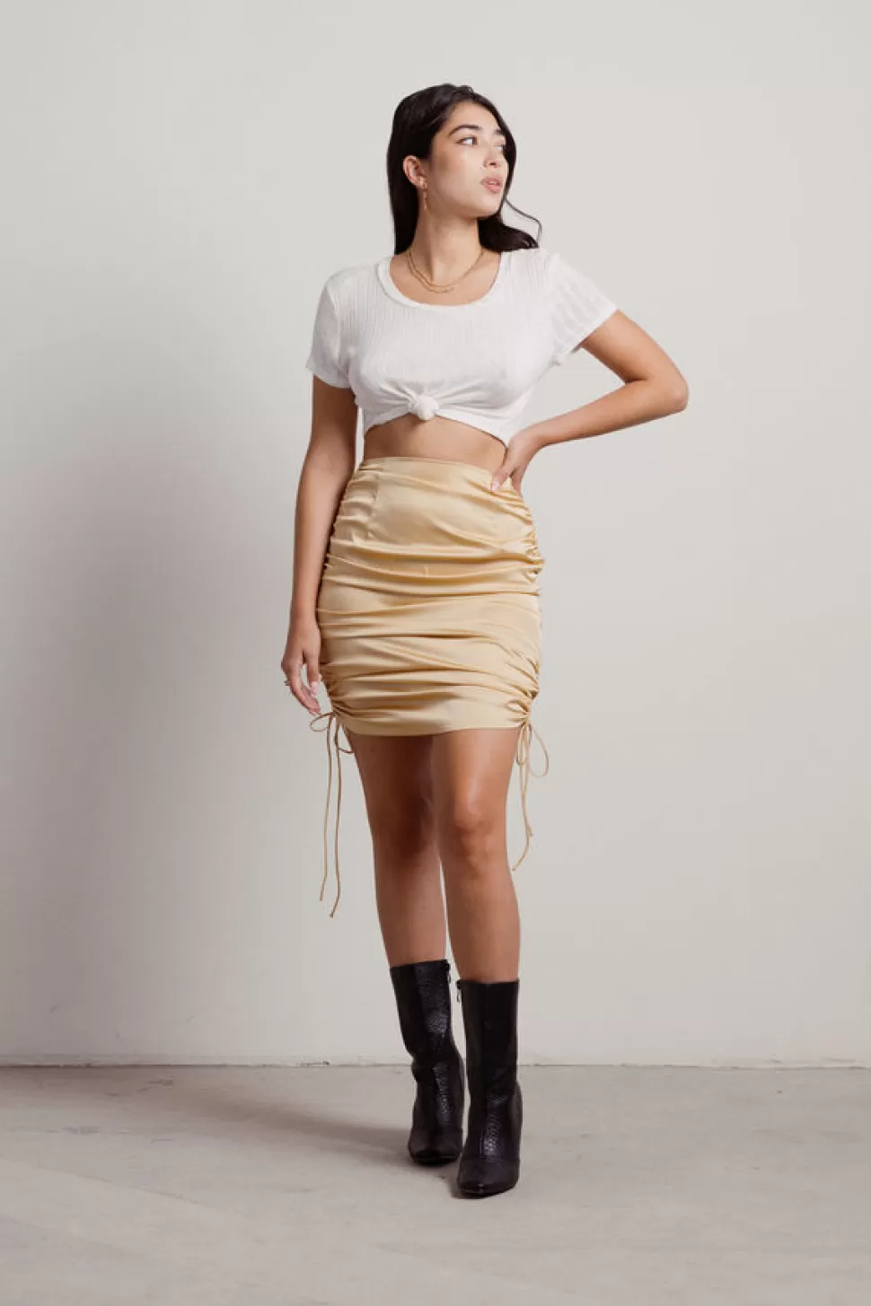 Skirts*Tobi Chantelle Satin Ruched Mini Skirt Gold