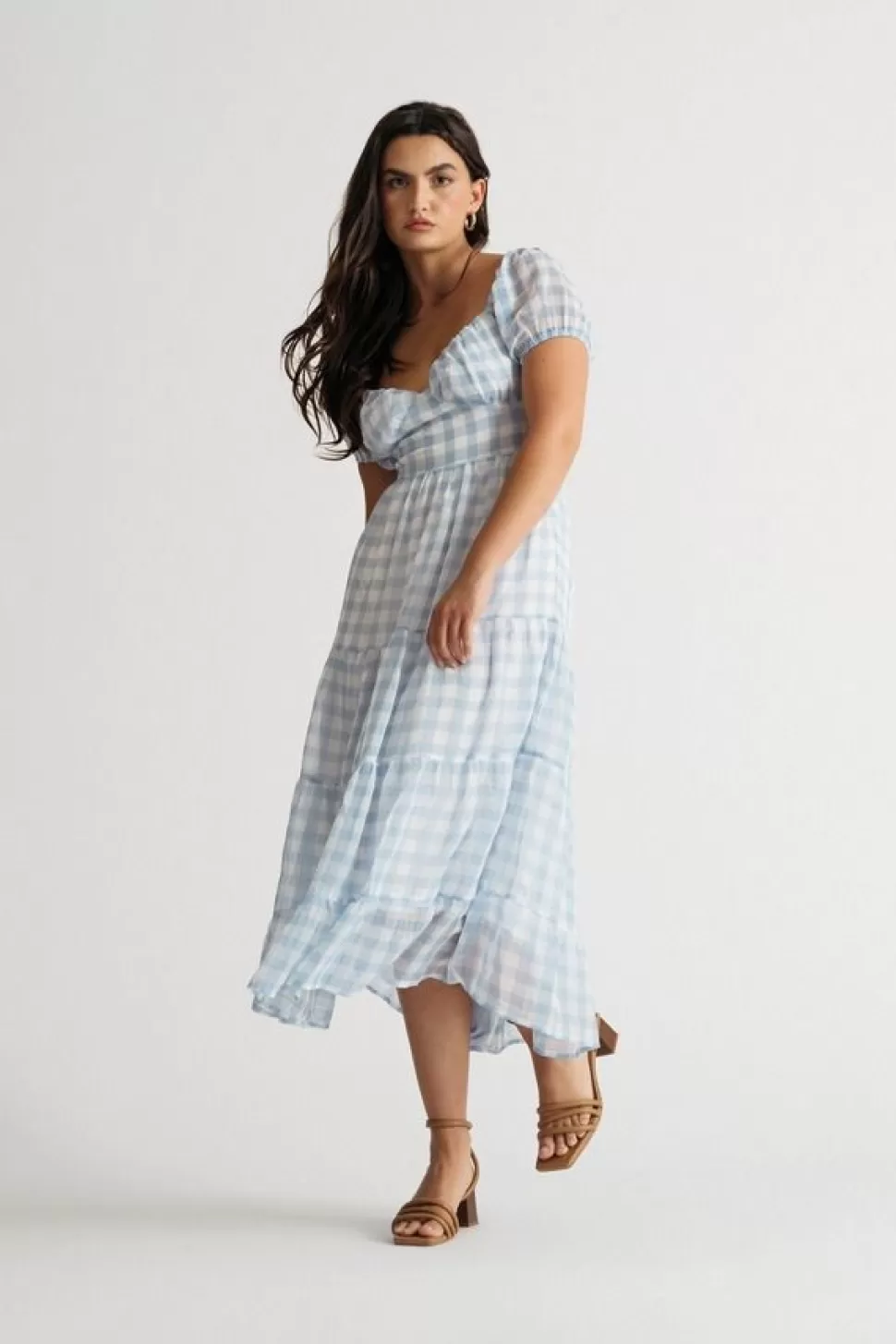 Sundresses*Tobi Charlotte Gingham Open Back Puff Sleeve Midi Dress Blue