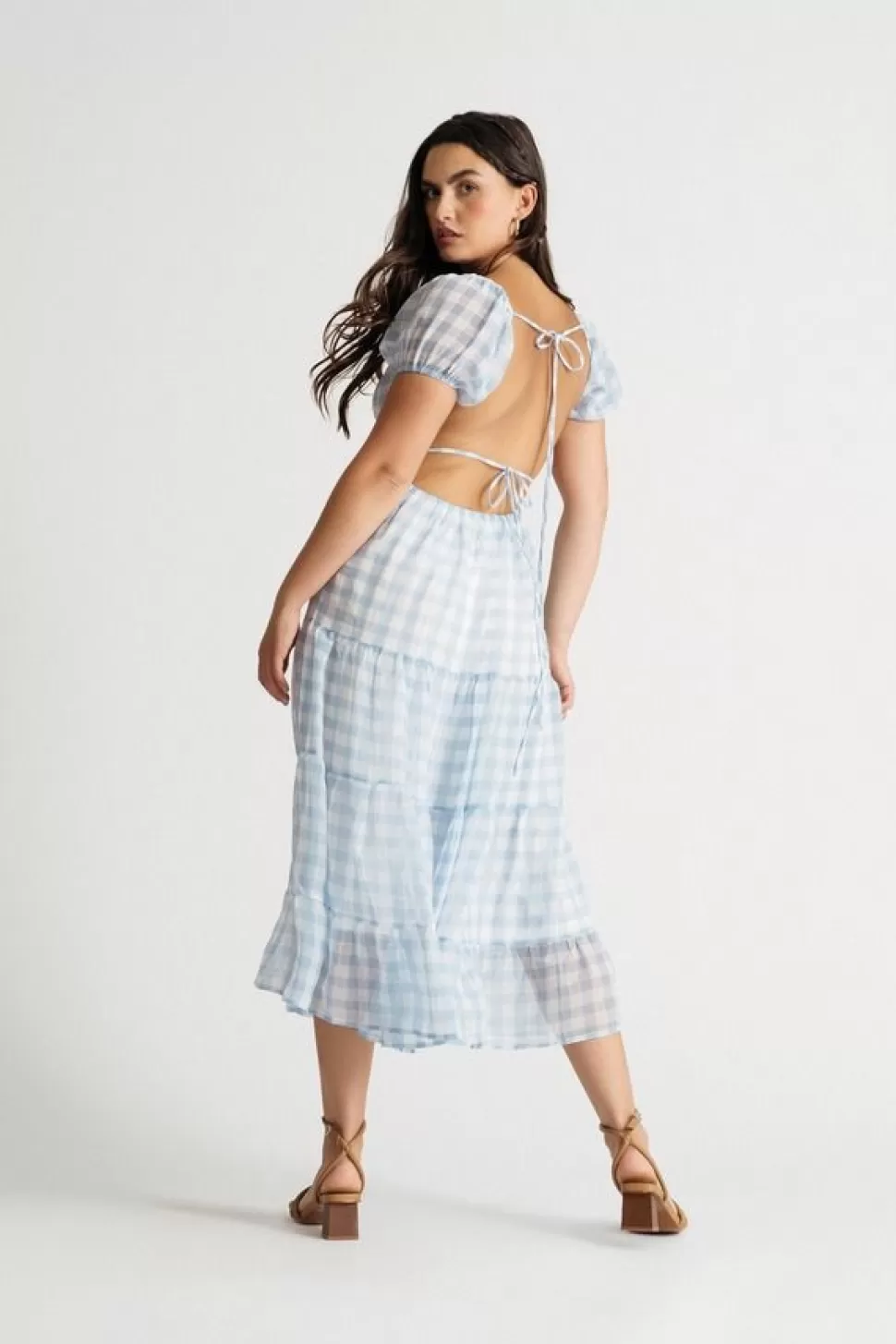 Sundresses*Tobi Charlotte Gingham Open Back Puff Sleeve Midi Dress Blue