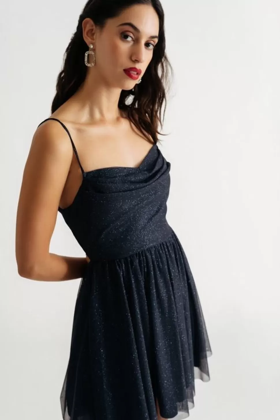 Skater Dresses*Tobi Chatting You Up Mesh Glitter Pleated Skater Mini Dress Navy