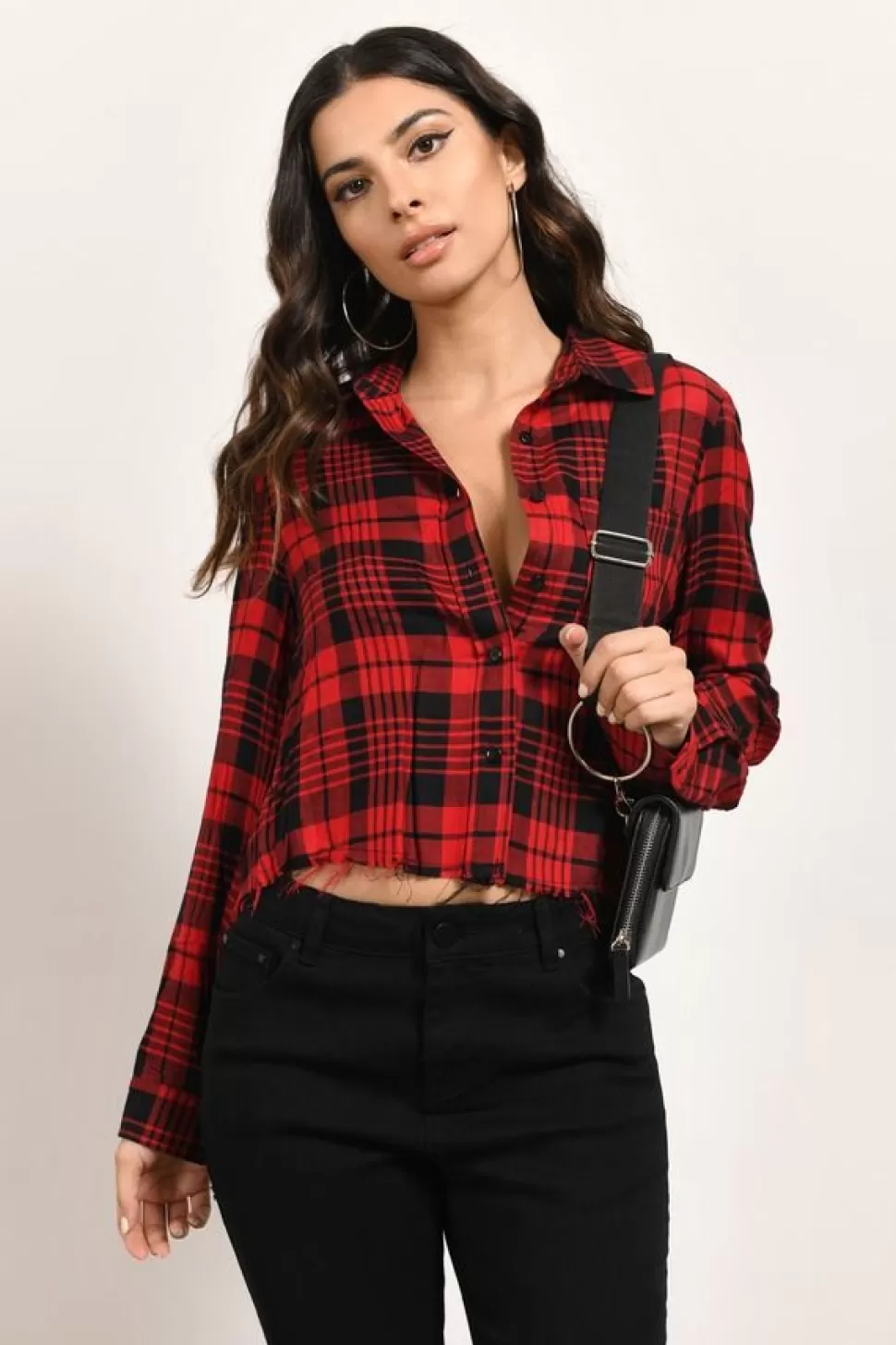 Red Tops*Tobi Check On It Plaid Button Down Shirt Red And Black