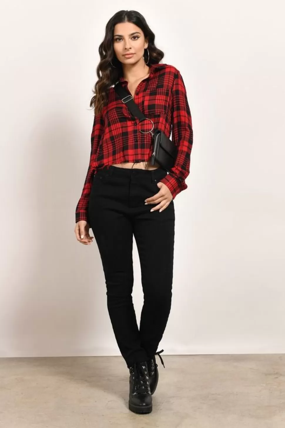 Red Tops*Tobi Check On It Plaid Button Down Shirt Red And Black