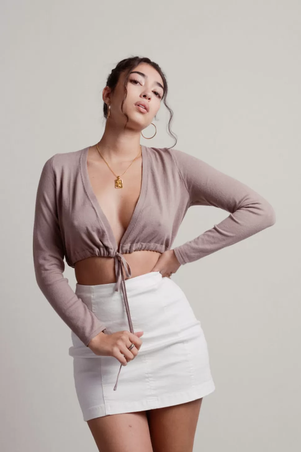 Long Sleeve Tops*Tobi Chelsea Long Sleeve Deep V Tie Front Crop Top Mocha