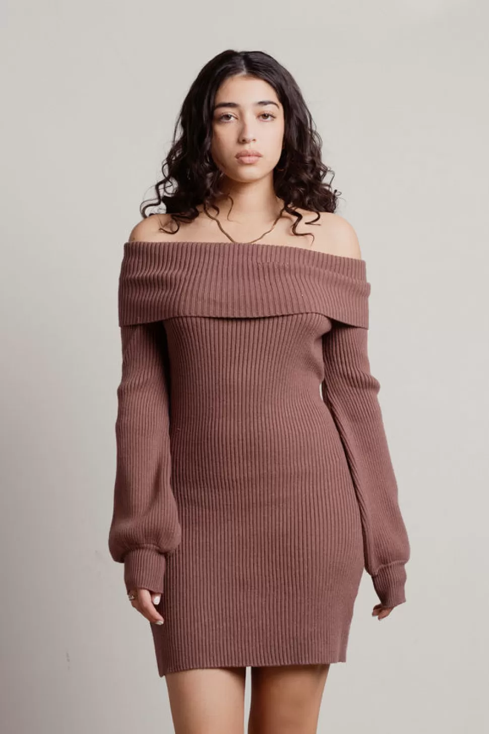 Casual Dresses*Tobi Chentelle Balloon Sleeve Off Shoulder Sweater Dress Mocha