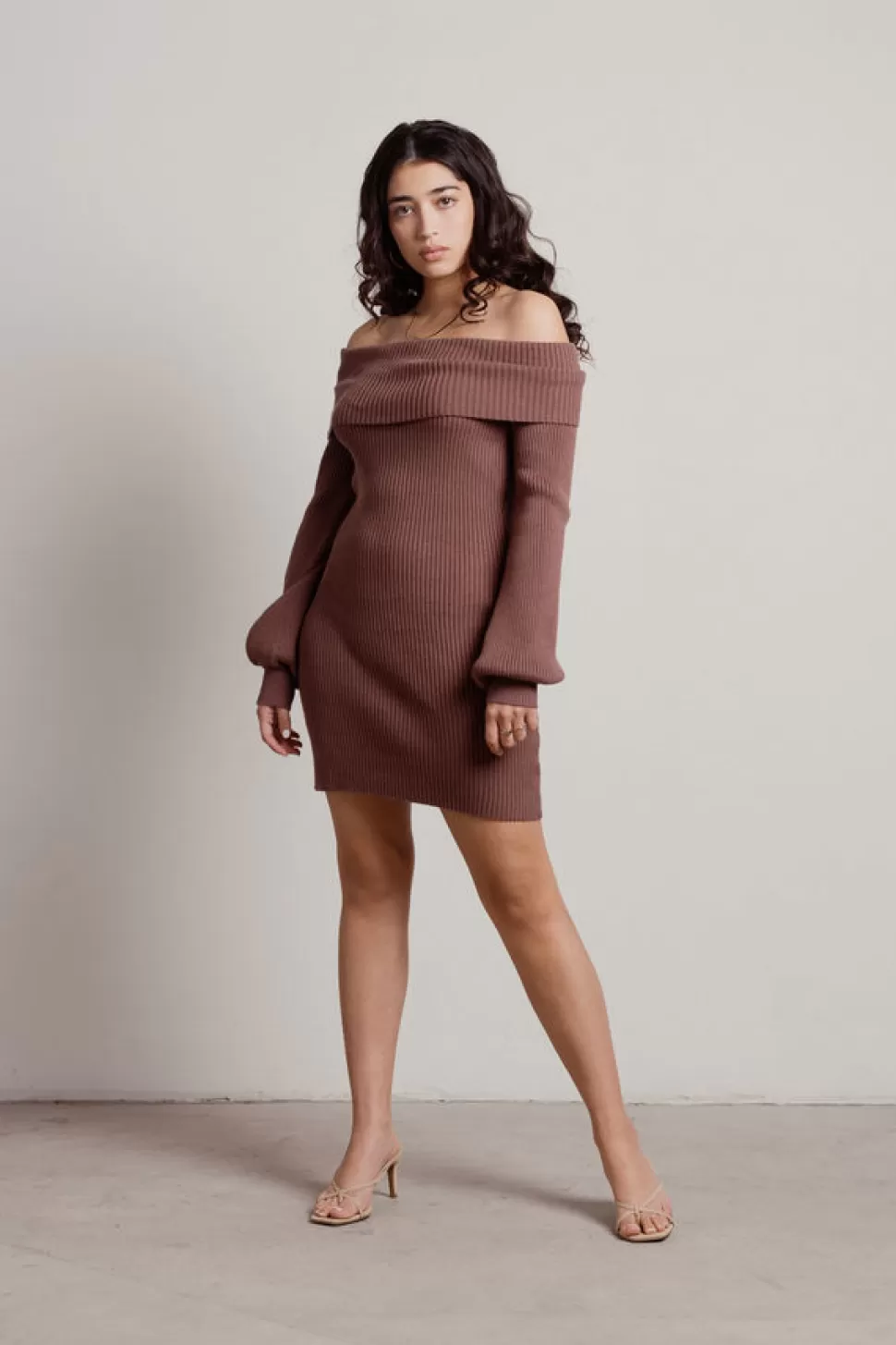 Casual Dresses*Tobi Chentelle Balloon Sleeve Off Shoulder Sweater Dress Mocha