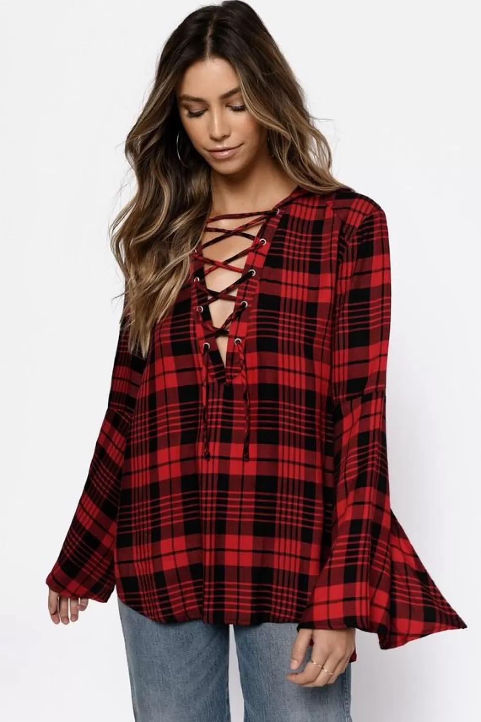 Red Tops*Tobi Chleo Plaid Bell Sleeve Blouse Red And Black