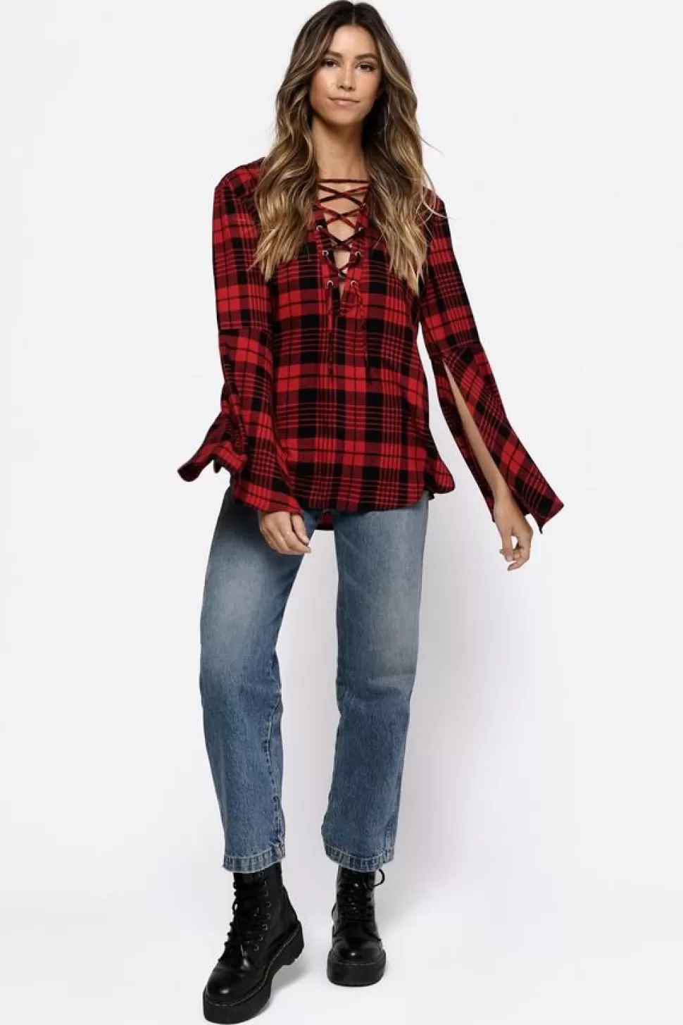 Red Tops*Tobi Chleo Plaid Bell Sleeve Blouse Red And Black