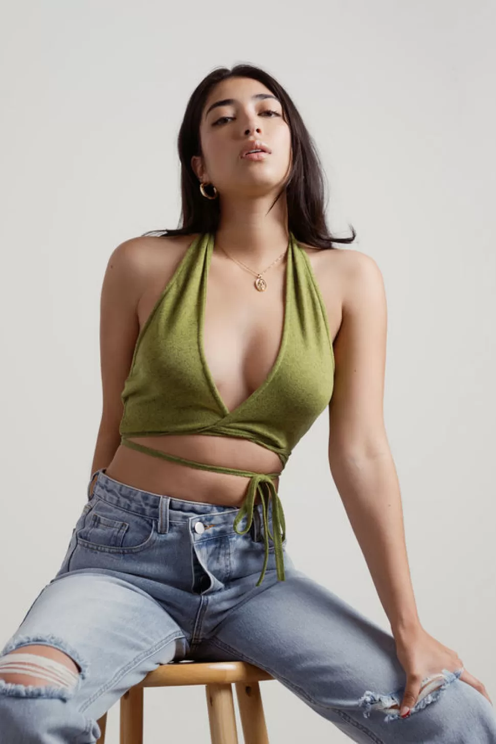 Going Out Tops*Tobi Chloe Knit Halter Wrap Crop Top Green