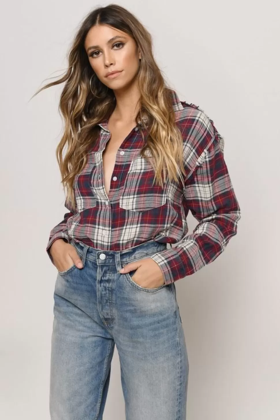 Red Tops*Tobi Claudine Plaid Button Down Shirt Red Multi