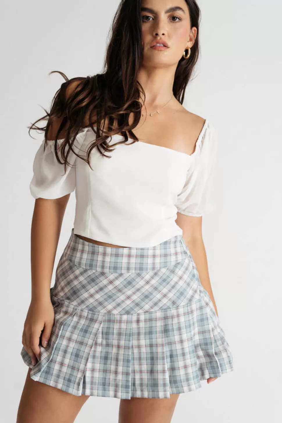 Skirts*Tobi Clued In Plaid Pleated Mini Skirt Blue Multi