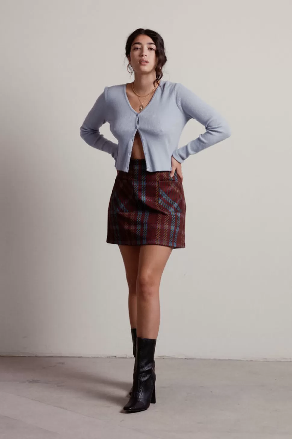 Skirts*Tobi Clueless Plaid Suede Pocket Mini Skirt Brown Blue