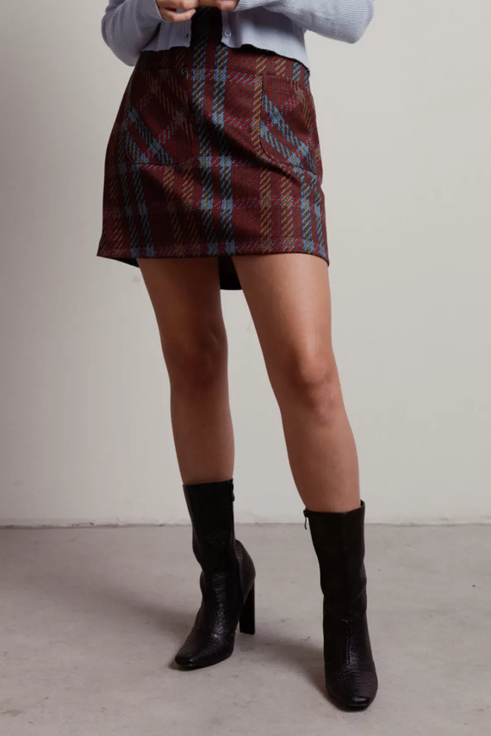 Skirts*Tobi Clueless Plaid Suede Pocket Mini Skirt Brown Blue