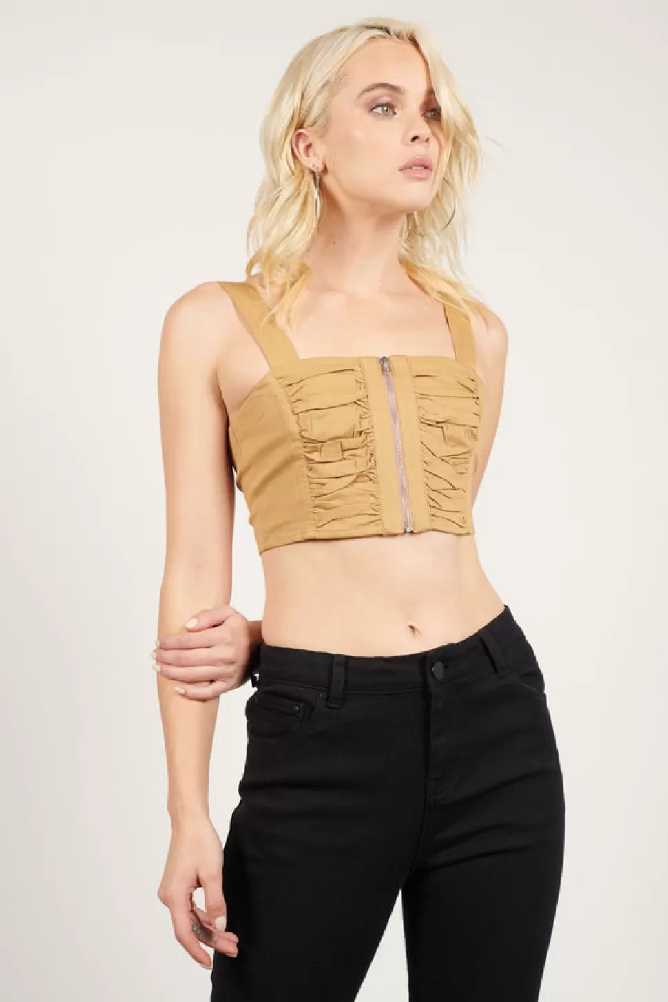 Going Out Tops*Tobi Concert Ready Zip Up Crop Top Khaki