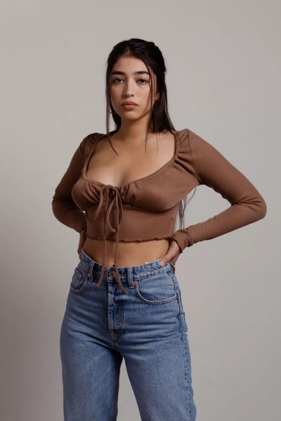 Crop Tops*Tobi Cosi Waffle Knit Ruched Bust Long Sleeve Crop Top Brown