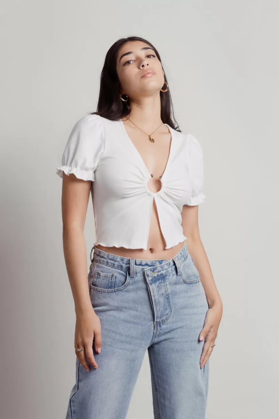 Puff Sleeve Tops*Tobi Cosmos Ribbed O-Ring Crop Tee Off White | Black