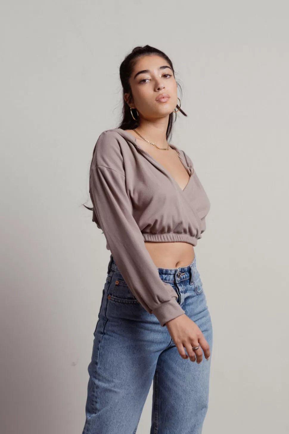 Hoodies & Sweatshirts*Tobi Coti Surplice Ribbed Cropped Hoodie Top Mocha