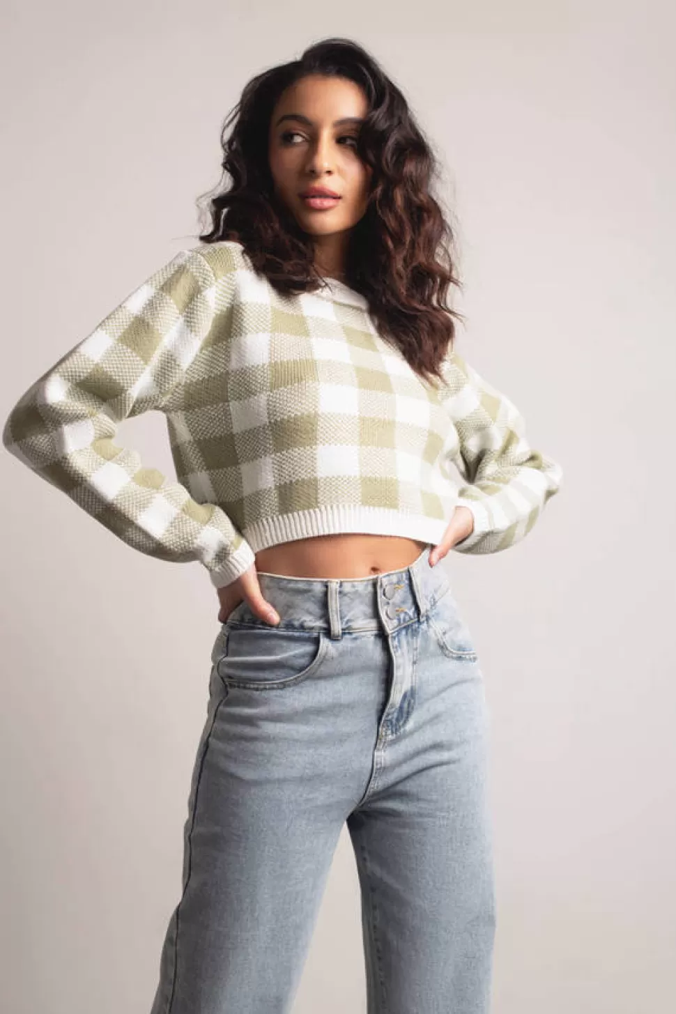 Long Sleeve Tops*Tobi Cozy Gal Checkered Crop Sweater Sage