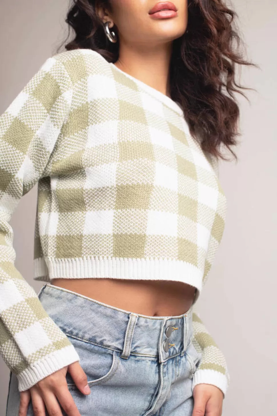 Long Sleeve Tops*Tobi Cozy Gal Checkered Crop Sweater Sage