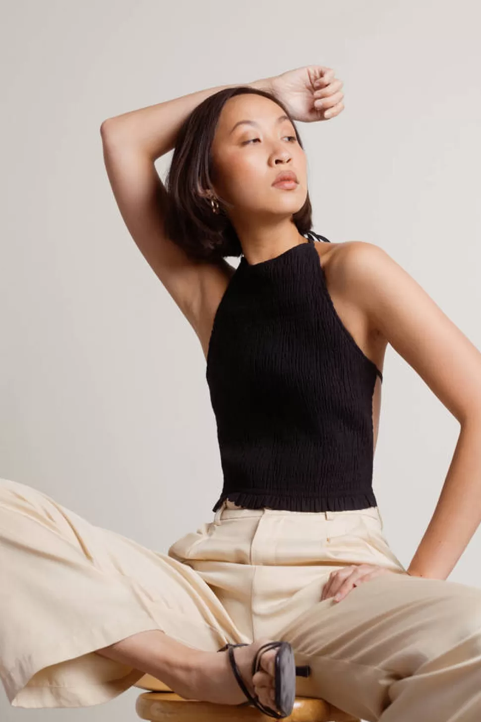 Backless Tops*Tobi Curtis Halter Smocked Crop Top Black | Ivory | Chocolate Brown