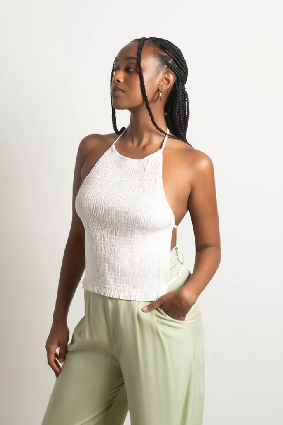 Backless Tops*Tobi Curtis Halter Smocked Crop Top Black | Ivory | Chocolate Brown