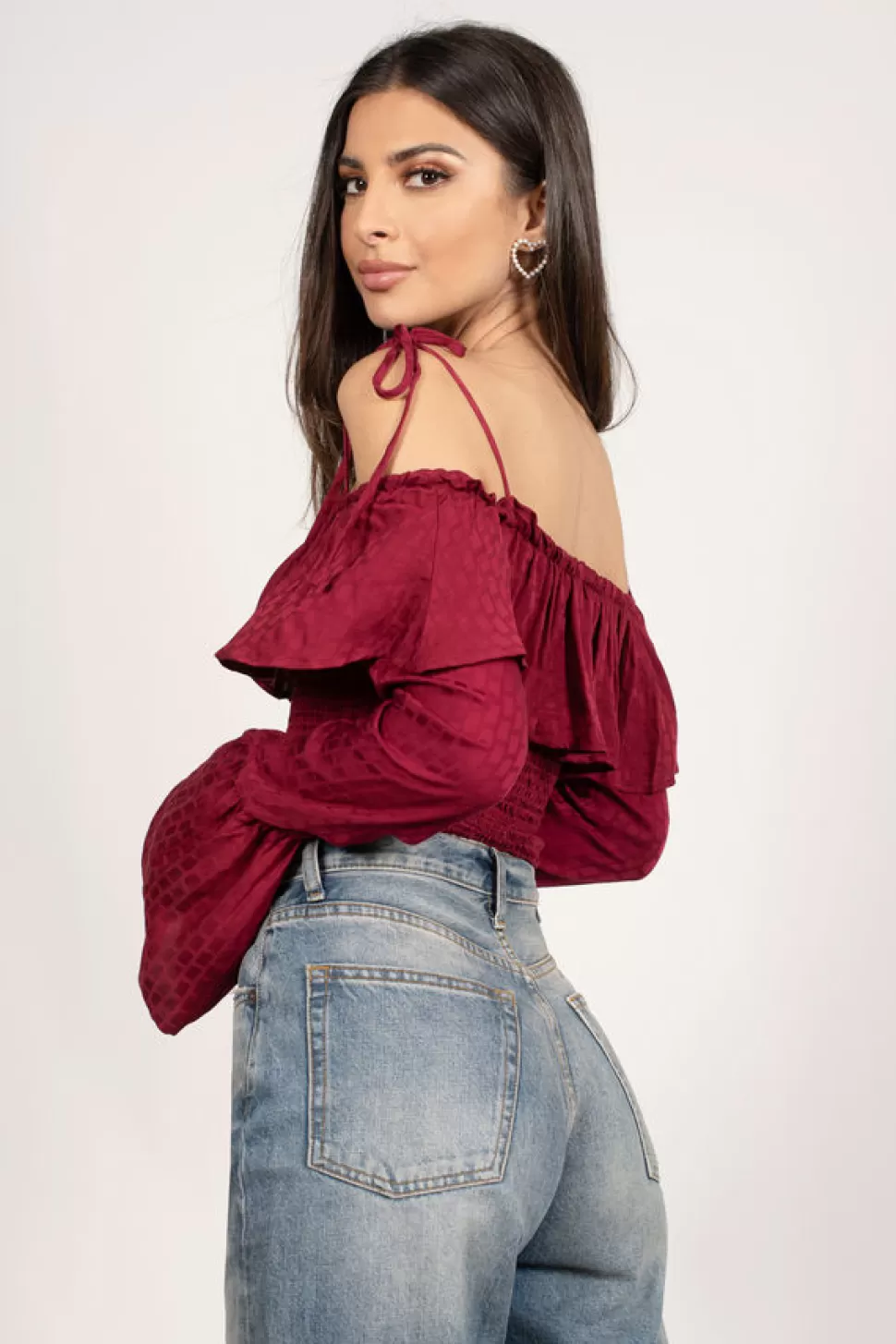 Red Tops*Tobi Cut Loose Layered Crop Top Wine