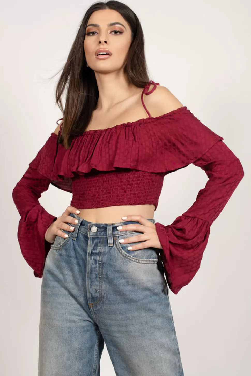 Red Tops*Tobi Cut Loose Layered Crop Top Wine