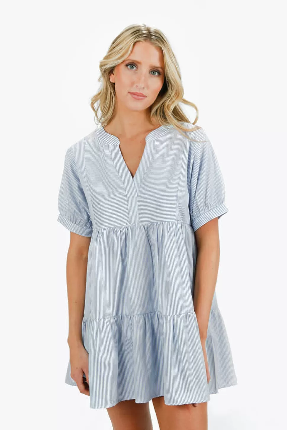 Sundresses*Tobi Czarina Striped V-Neck Tiered Babydoll Dress Sky