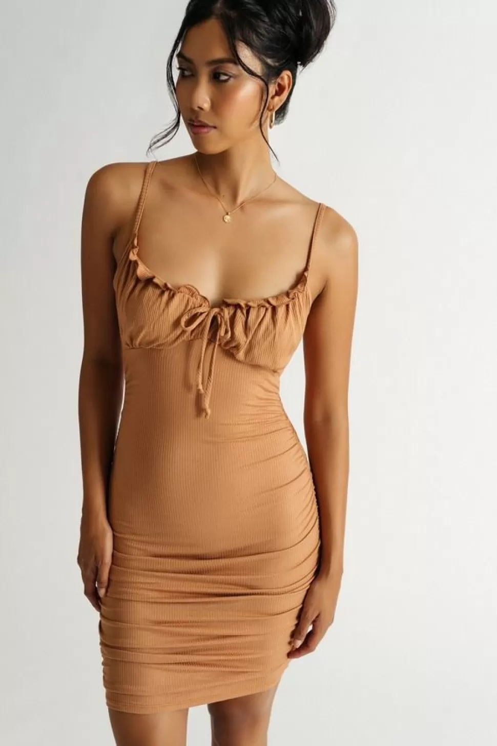 Corset Dresses*Tobi Dani Ribbed Ruched Bodycon Mini Dress Toffee Brown | Lilac