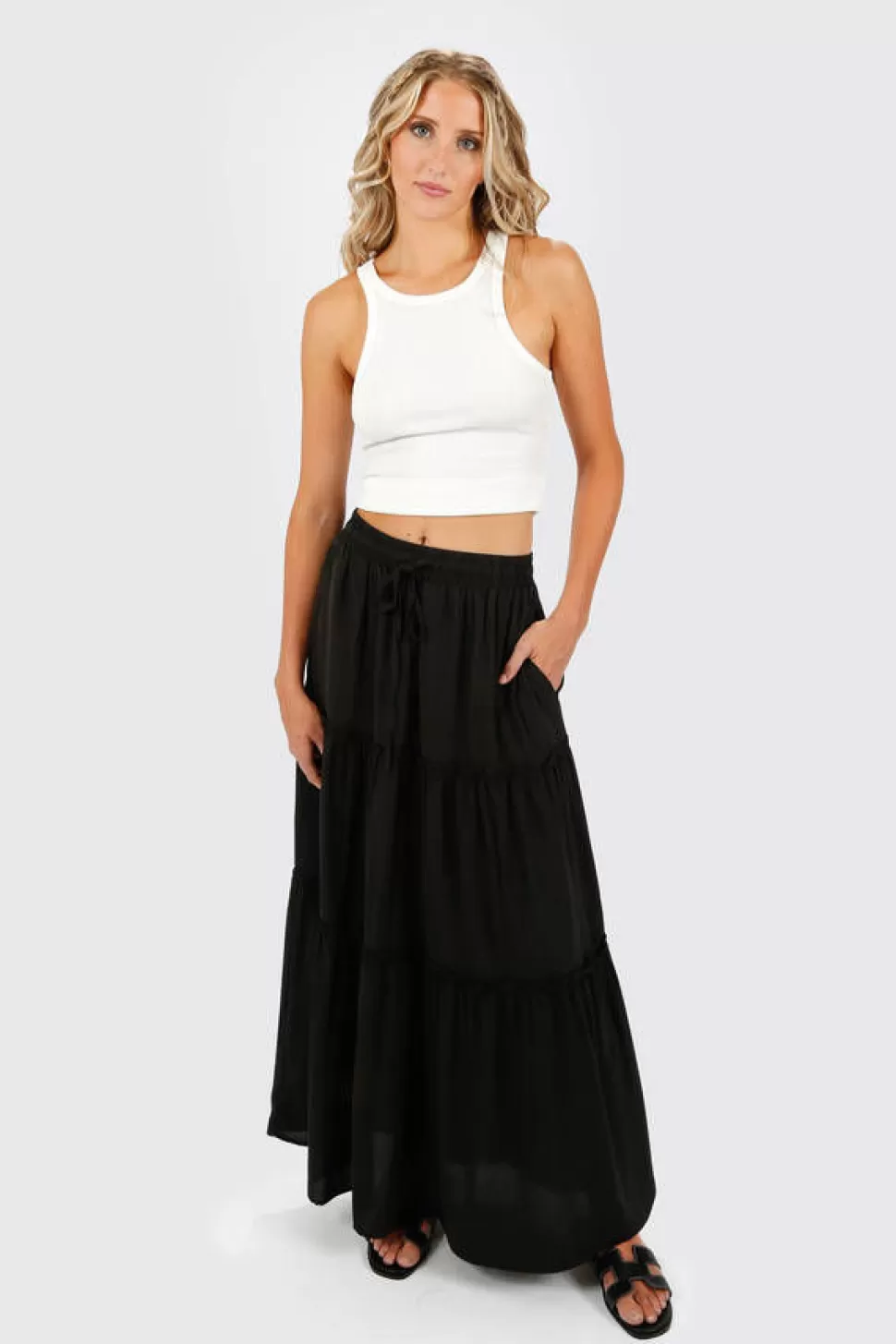 Skirts*Tobi Denarie Tiered Drawstring Waist Maxi Skirt Black