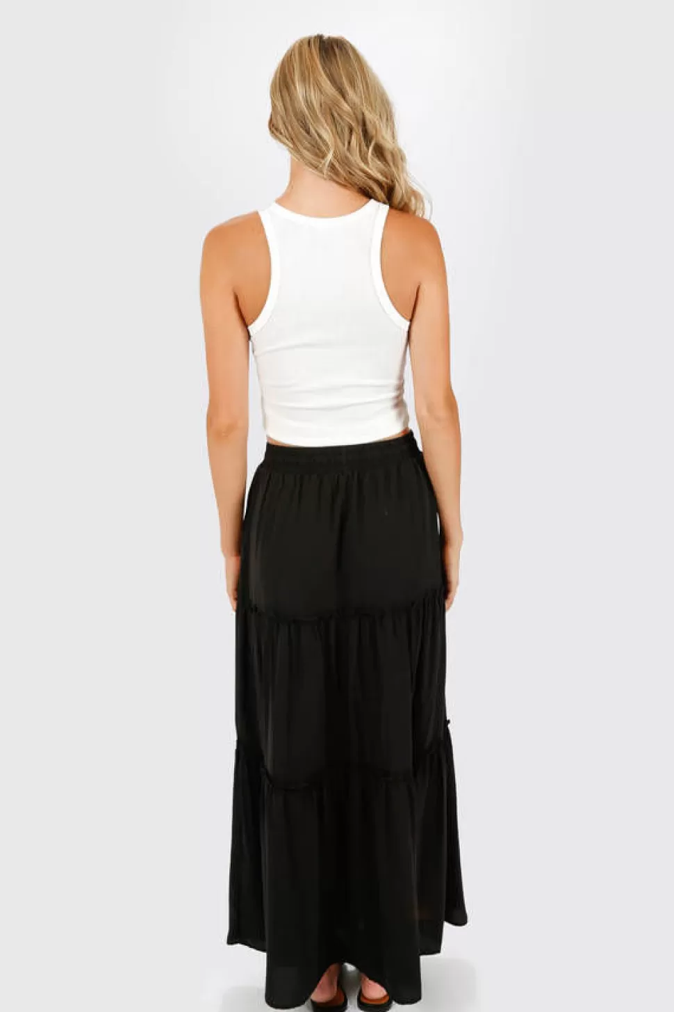 Skirts*Tobi Denarie Tiered Drawstring Waist Maxi Skirt Black