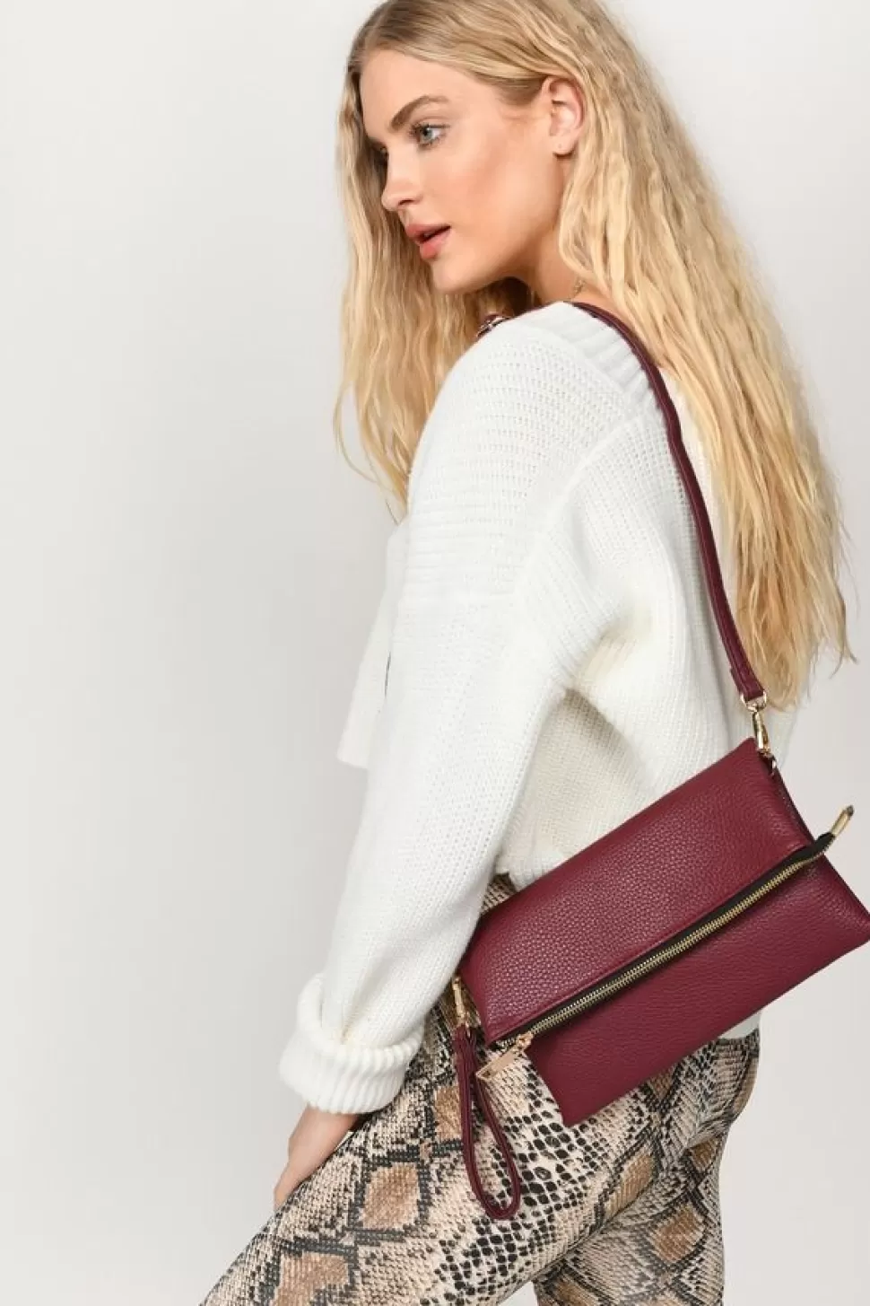 Bags*Tobi Diana Fold Over Faux Leather Clutch Wine