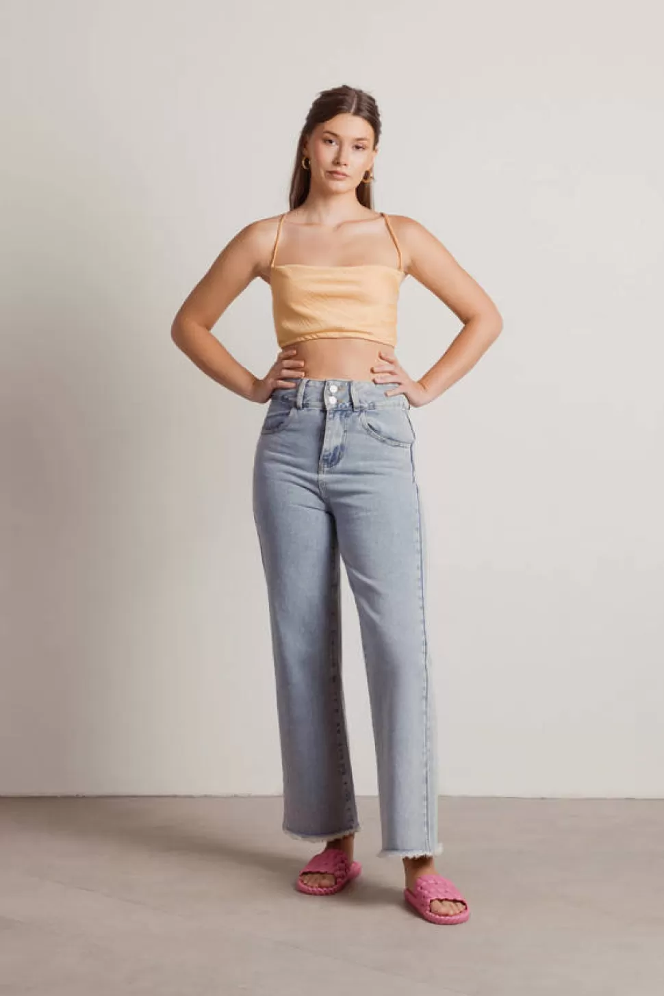 Sexy Tops*Tobi Do You Care Satin Cowl Lace-Up Back Crop Top Peach