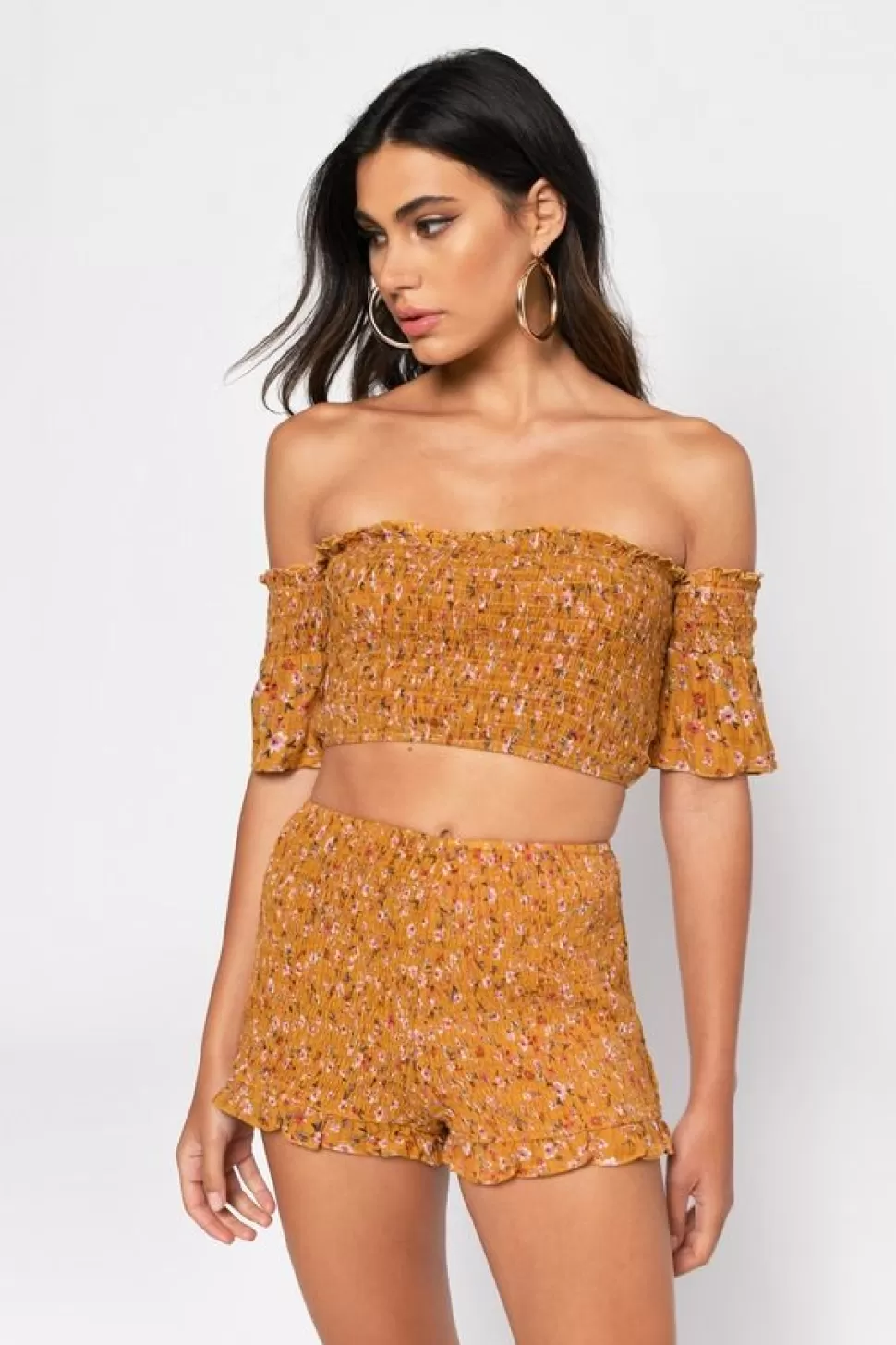 Shorts*Tobi Double Time Ruffle Floral Shorts Marigold