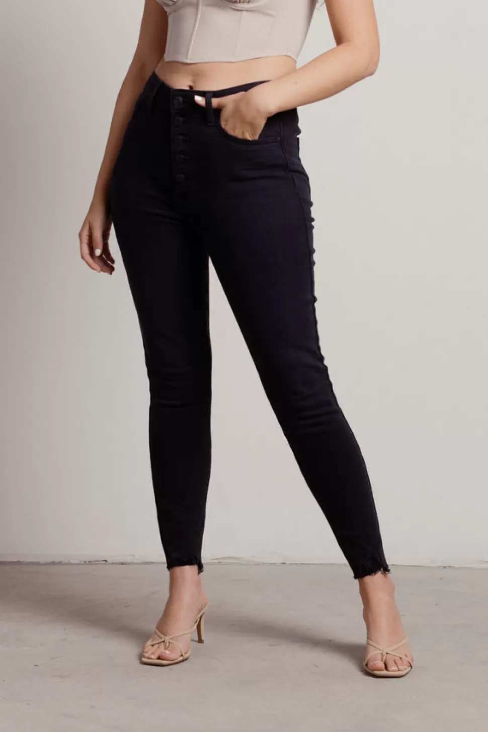 Denim*Tobi Edendale High Rise Exposed Buttons Skinny Crop Jeans Black