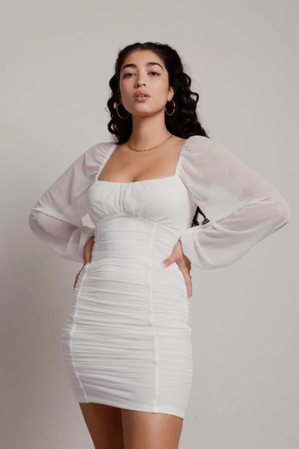 Bodycon Dresses*Tobi Eli Ruched Sheer Sleeve Bodycon Dress White