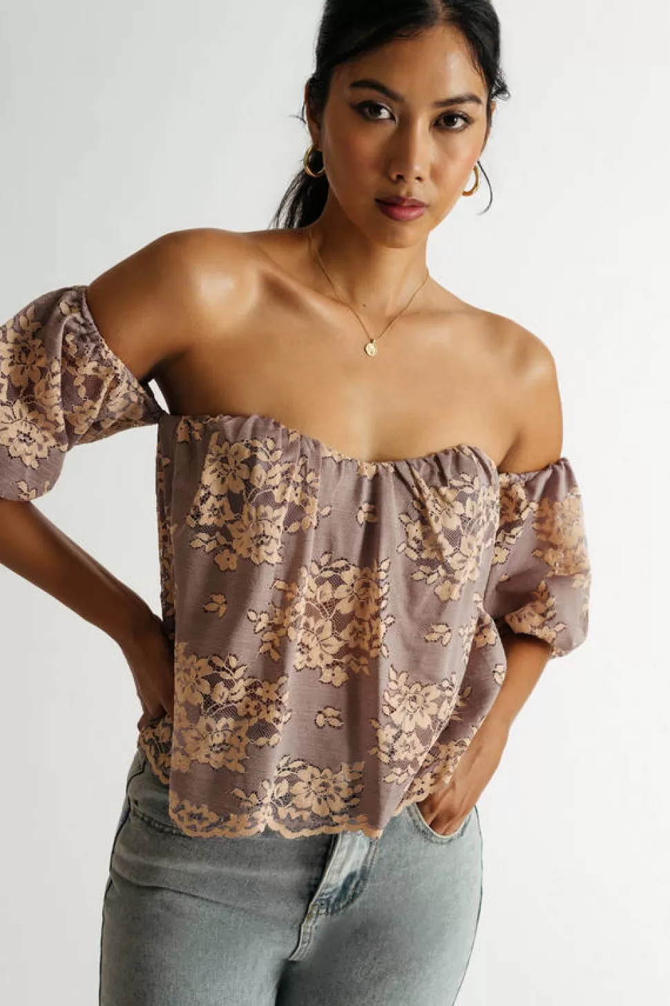 Blouses & Shirts*Tobi Embrace Me Lace Off Shoulder Top Grey Multi