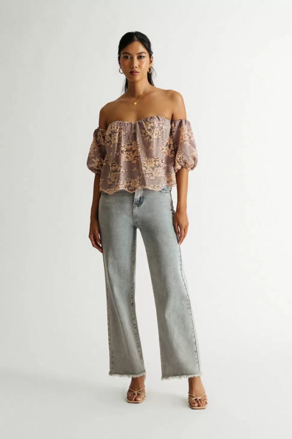 Blouses & Shirts*Tobi Embrace Me Lace Off Shoulder Top Grey Multi