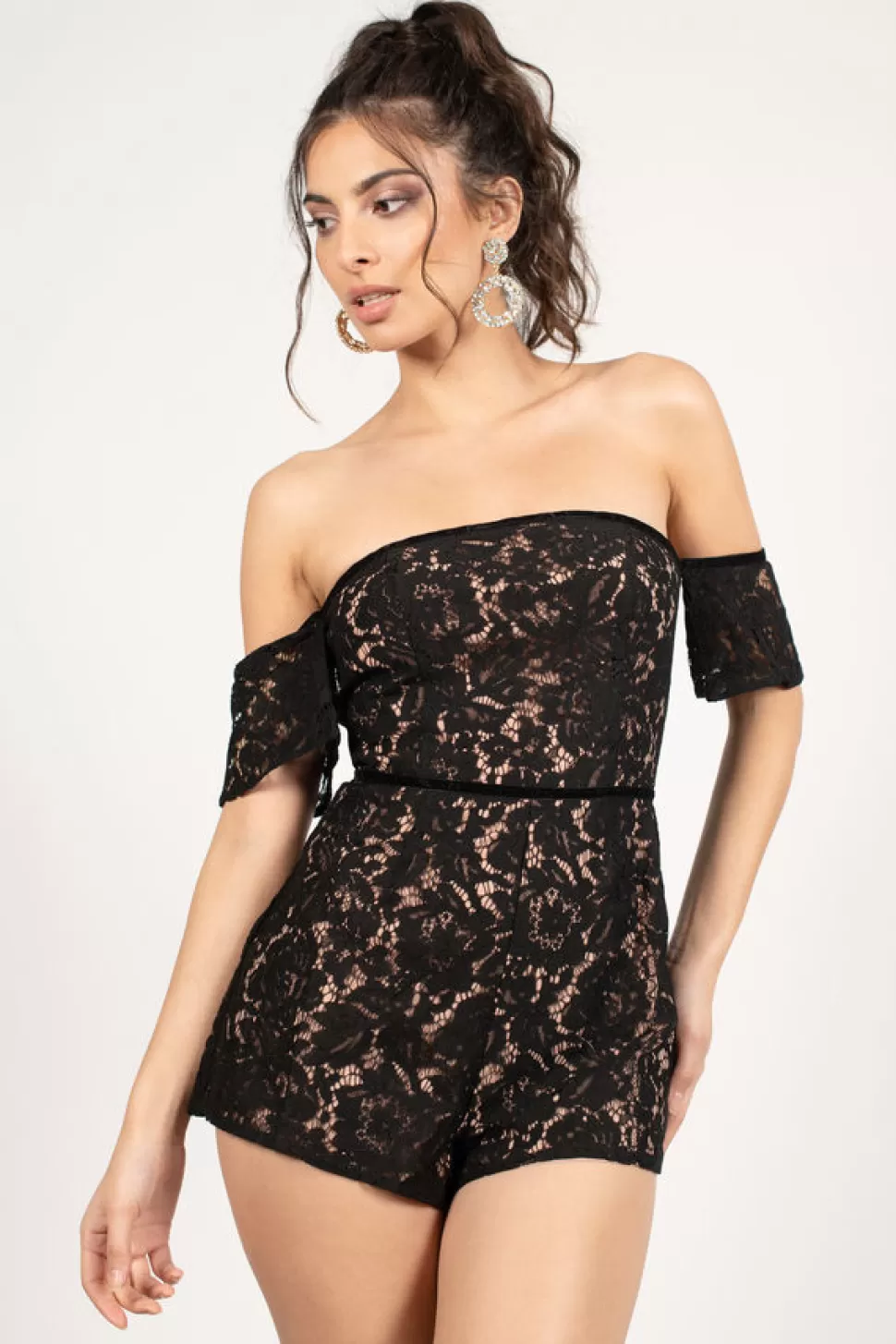 Rompers & Jumpsuits*Tobi Emily Off Shoulder Lace Romper Black | Red