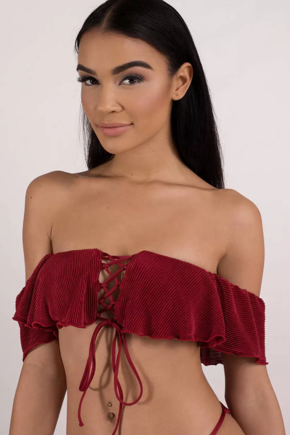 Bikinis*Tobi Enchanted Off Shoulder Bikini Top Ruby