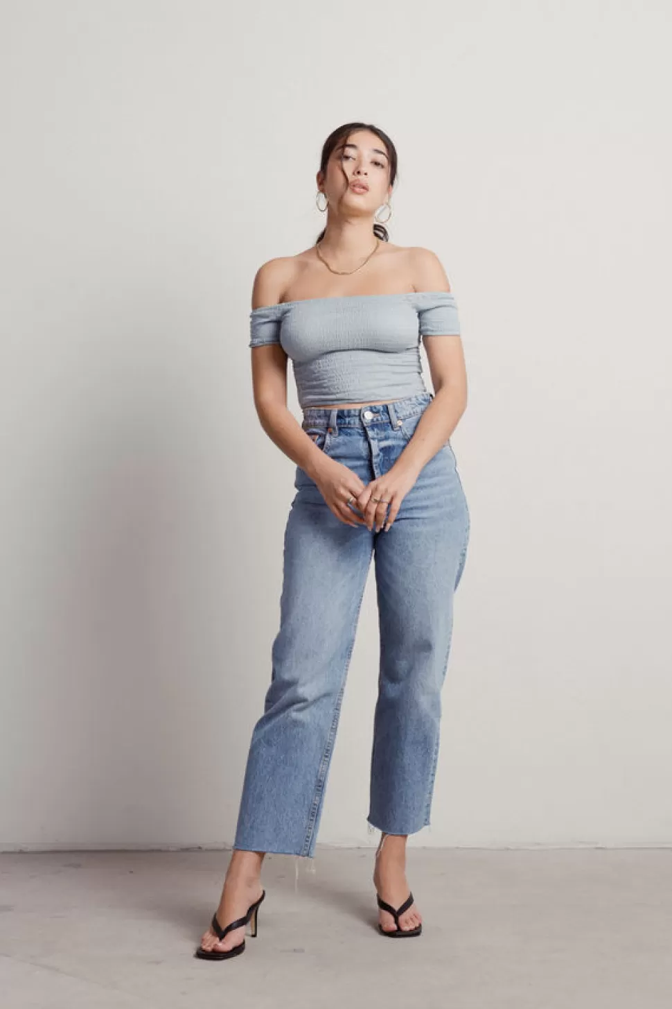 Off The Shoulder Tops*Tobi Erin Smocked Crop Top Light Blue