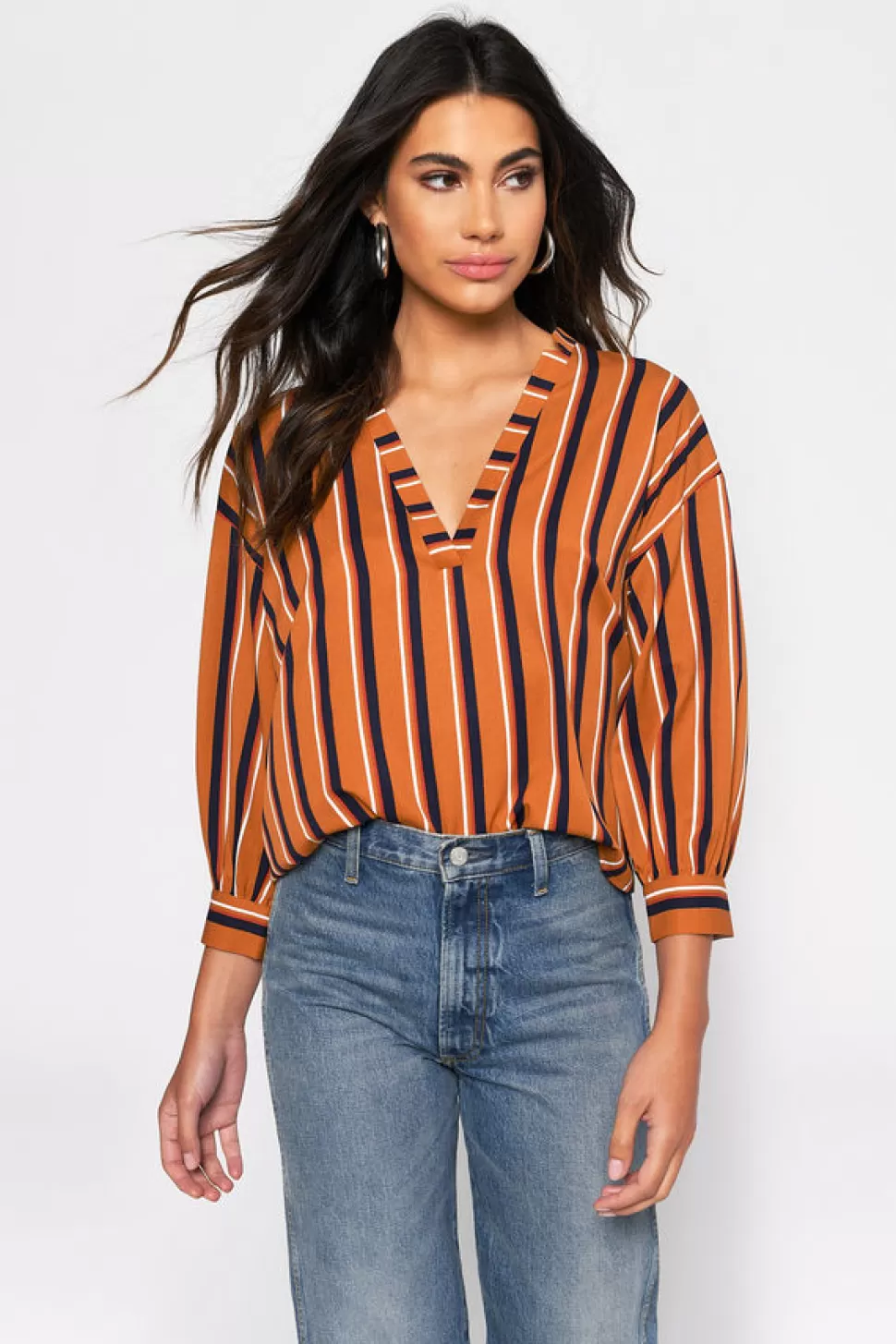 Blouses & Shirts*Tobi Etta Oversized 3/4 Sleeve Striped Blouse Rust