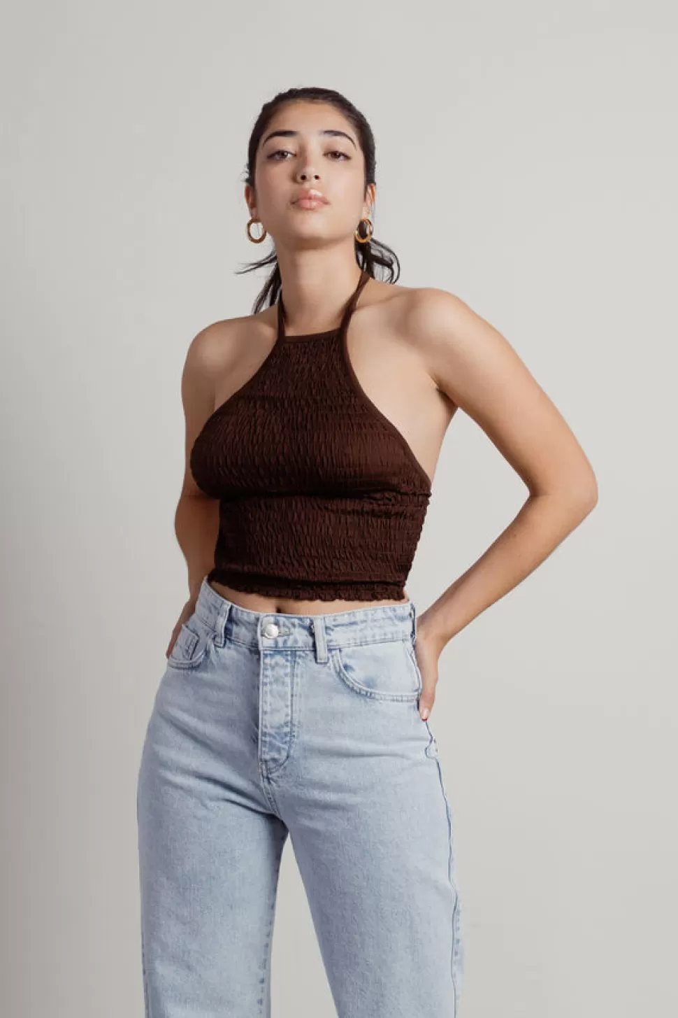 Backless Tops*Tobi Expectations Smocked Halter Crop Top Brown