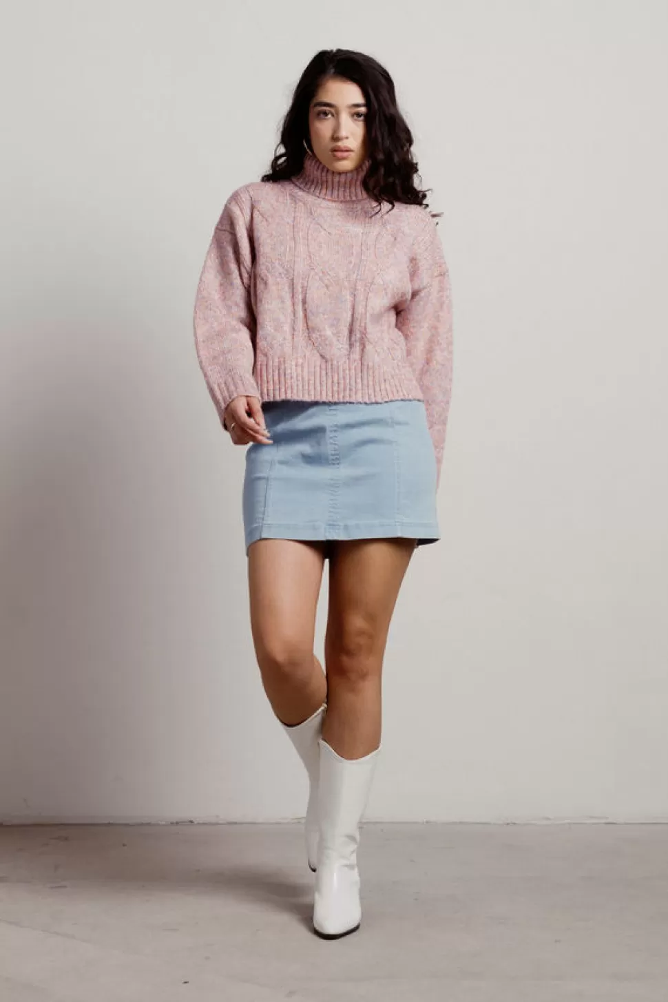 Pink Tops*Tobi Extra Passion Marbled Cable Knit Turtleneck Crop Sweater Pink Multi