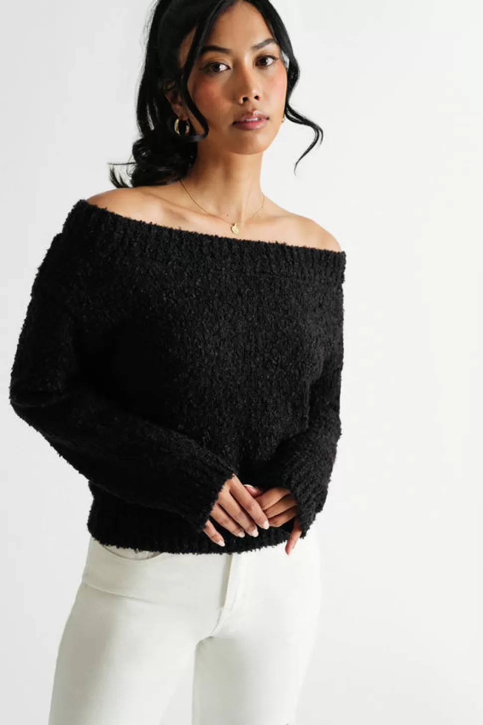 Off The Shoulder Tops*Tobi Extra Sweet Off Shoulder Fuzzy Sweater Black