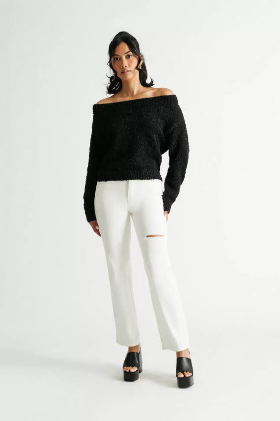 Off The Shoulder Tops*Tobi Extra Sweet Off Shoulder Fuzzy Sweater Black