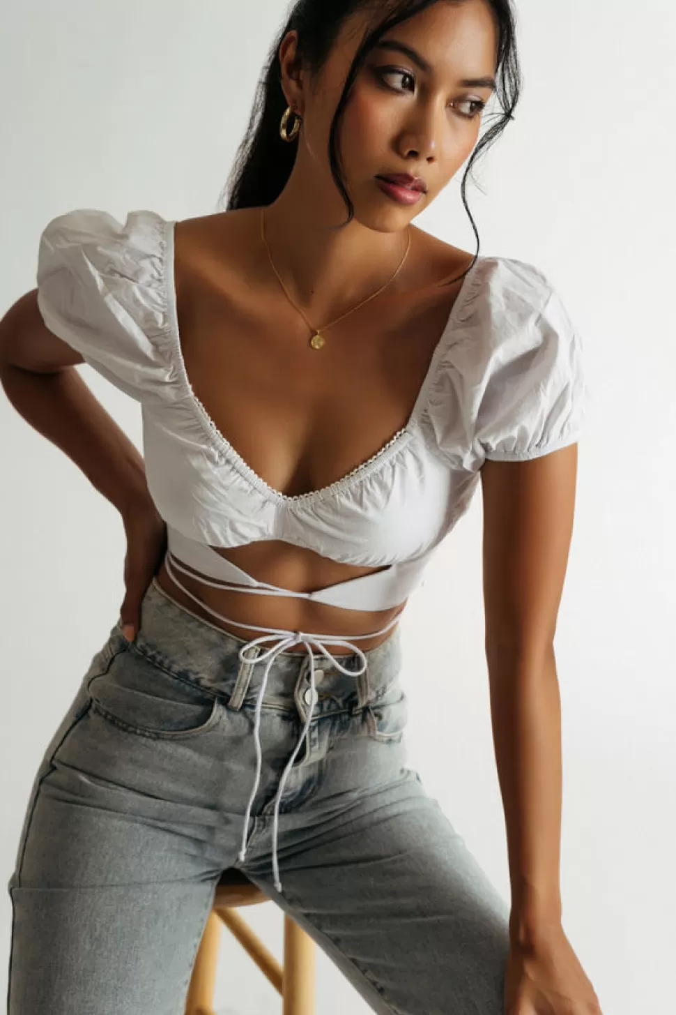 Sexy Tops*Tobi Fake Love Puff Sleeve Double Tie Crop Top White