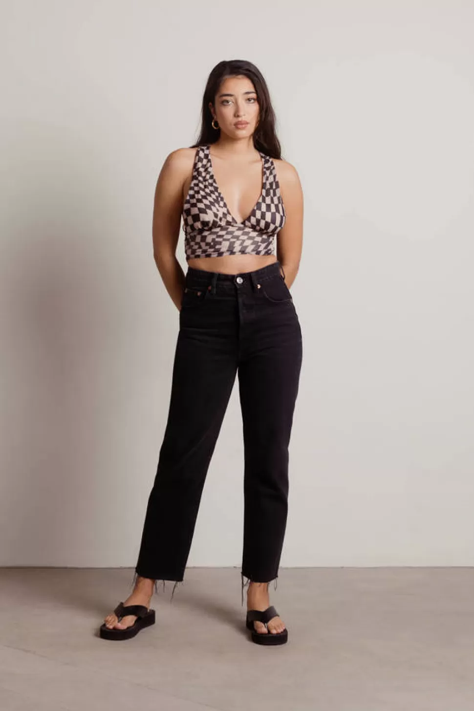 Mesh Tops*Tobi Fall Off Checkered Plunging Crop Top Black | Brown