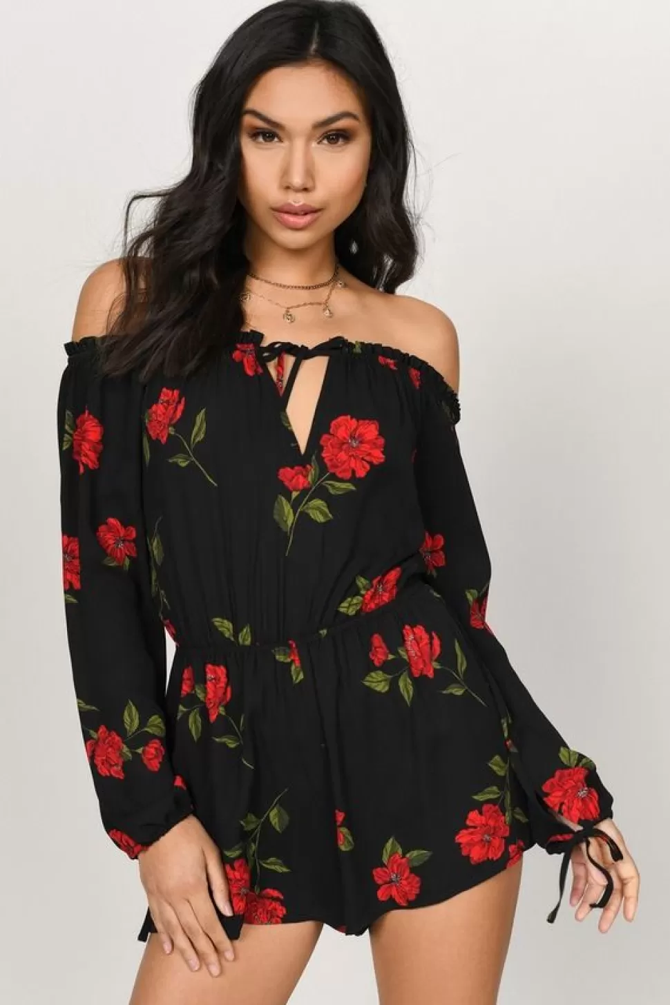 Rompers & Jumpsuits*Tobi Farrah Floral Print Long Sleeve Romper Black