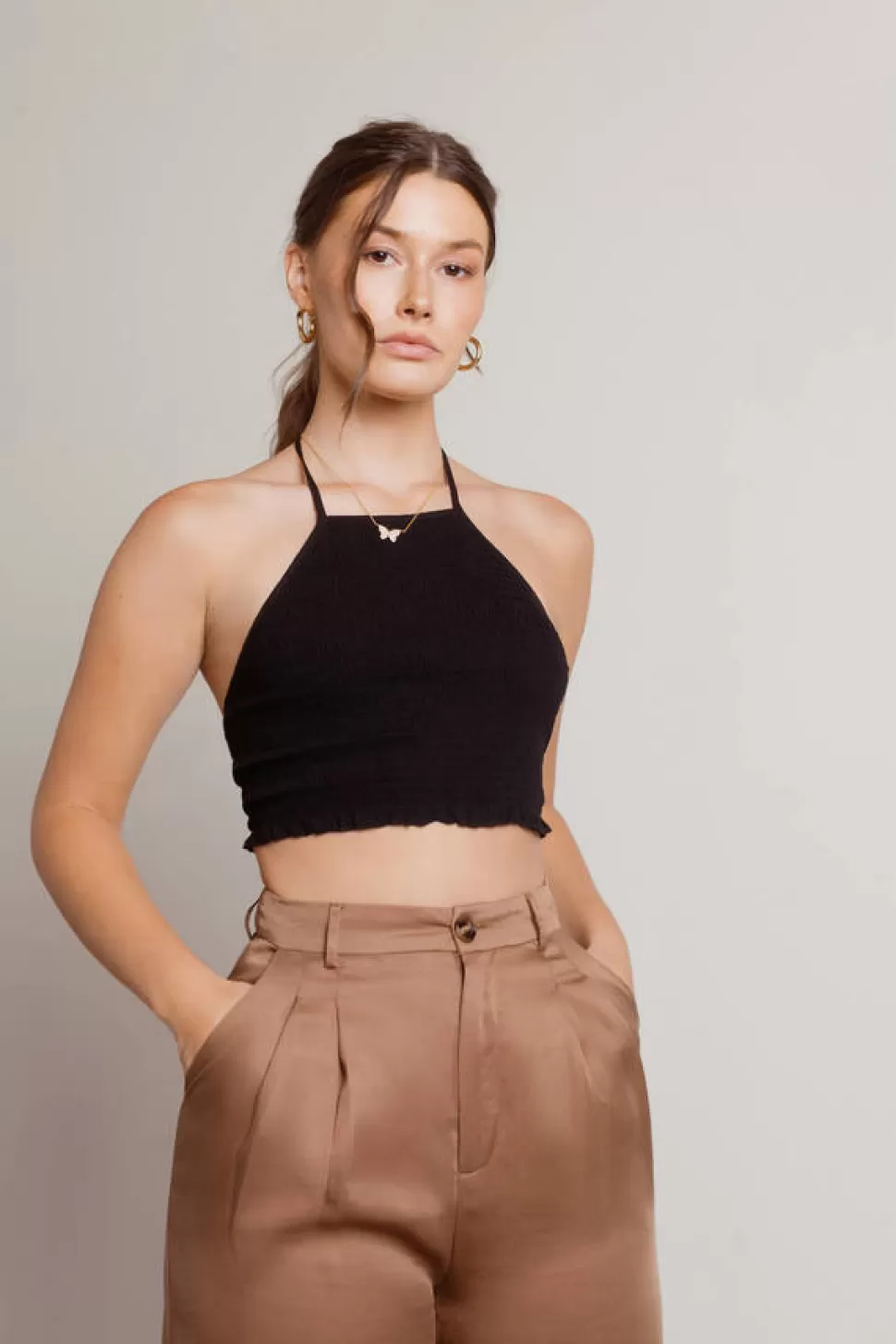 Backless Tops*Tobi Feel Good Smocked Halter Crop Top Olive | Black | Lavender | Rust